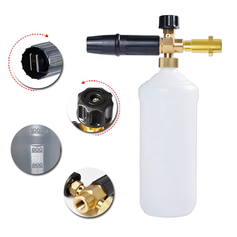 Professional Brass Snow Foam Lance Foam Cannon Foam Nozzle with 1L Semi-Transparent Bottle & 1.25mm Nozzle Tip & Muiti Adapter