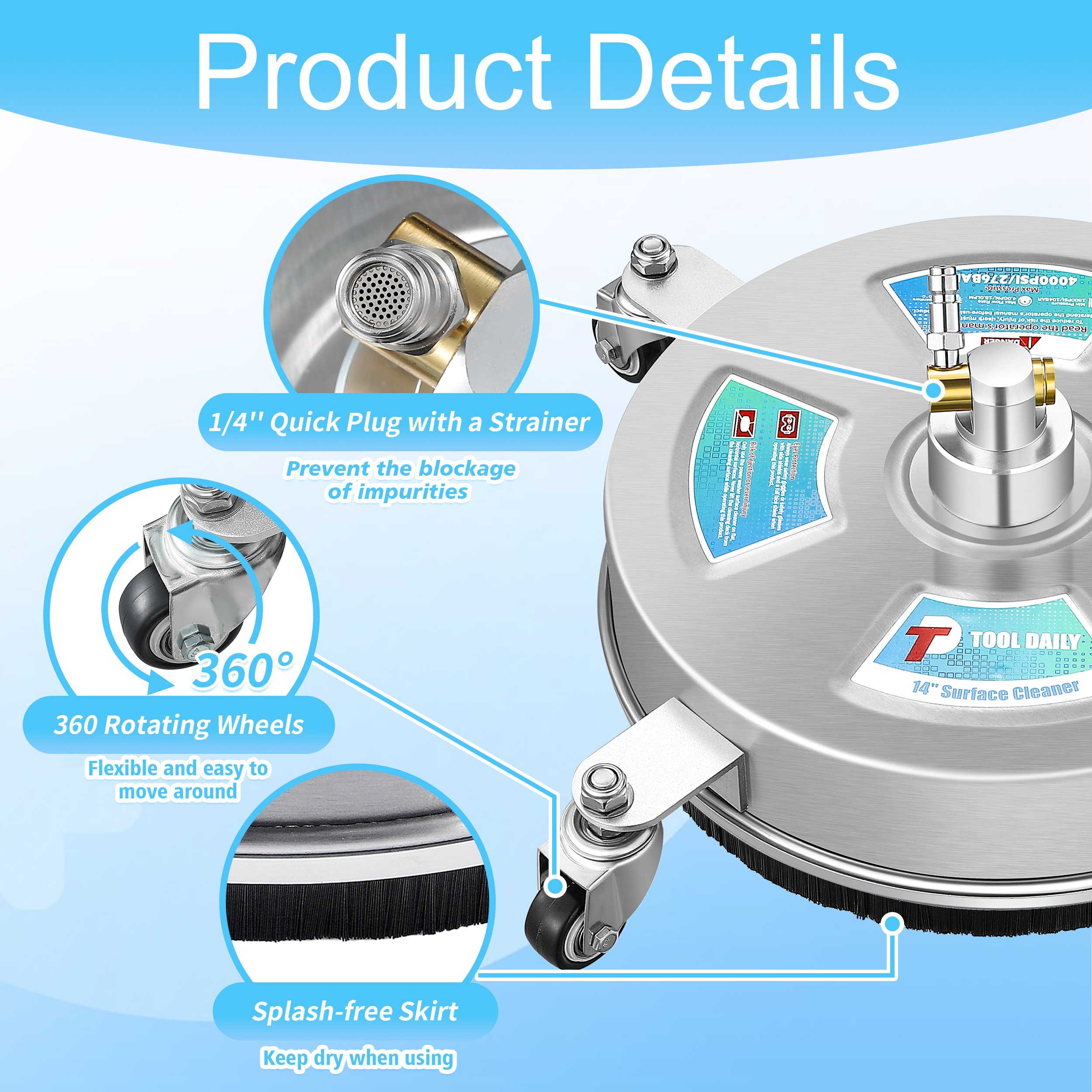 Popular 14 Inch Surface Cleaner Stainless Steel Pressure Washer Surface Cleaner With 4 Wheels