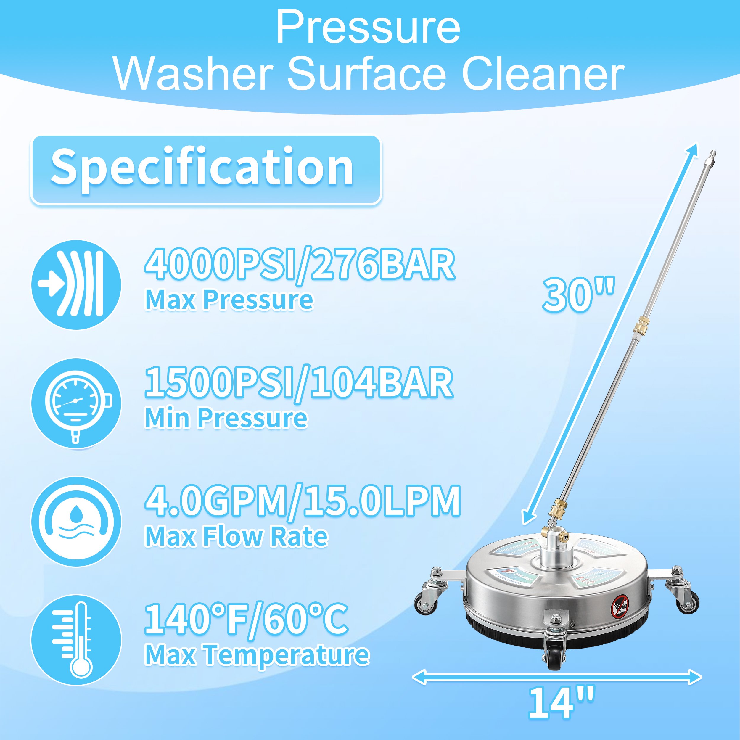 Popular 14 Inch Surface Cleaner Stainless Steel Pressure Washer Surface Cleaner With 4 Wheels