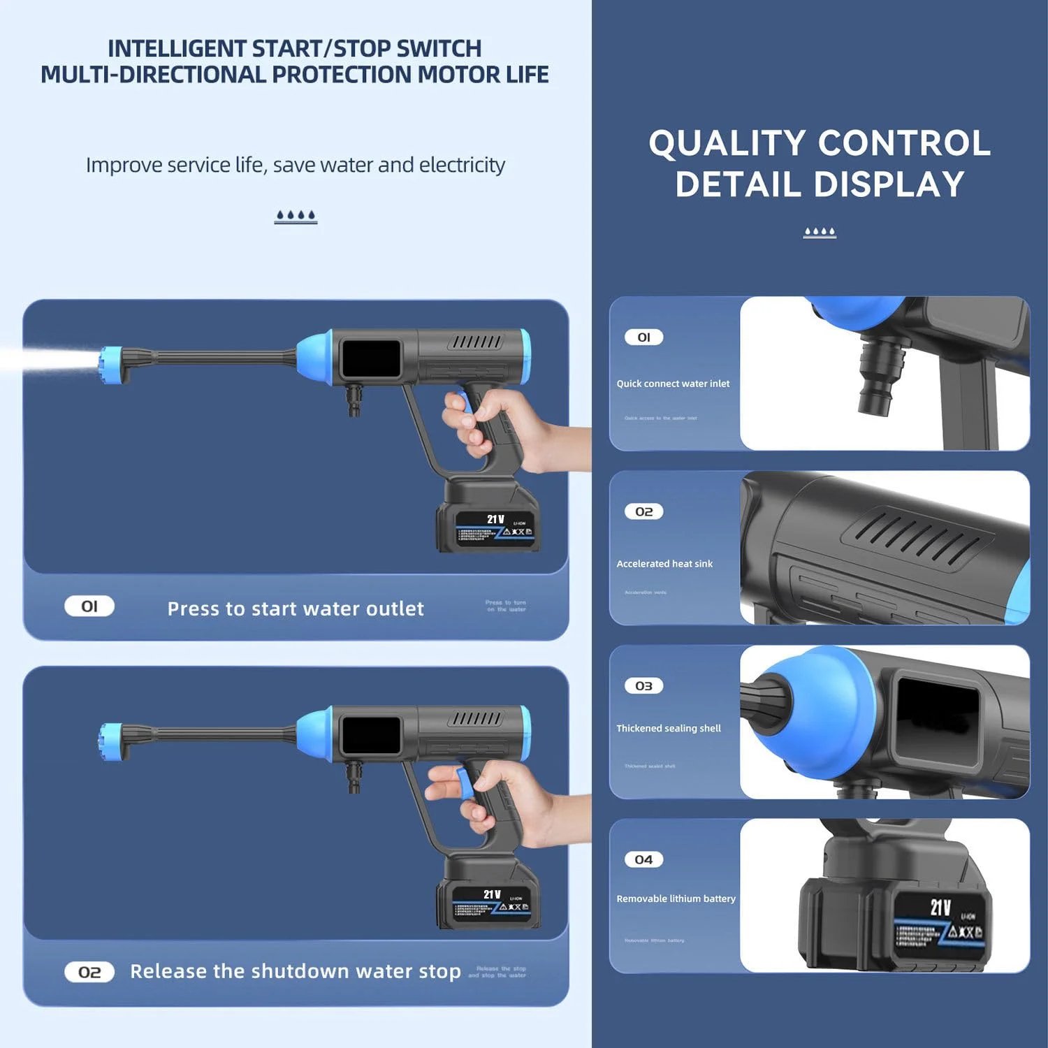 Factory 6 in 1 Portable High Pressure Car Cleaning Lithium Battery 60 Bar Brushless Pressure Washer Gun with Led Screen