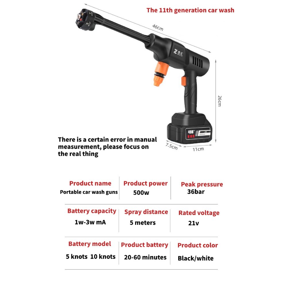 Power 500W Portable Power Battery Wash Gun Wireless Rechargeable High Pressure Car Washer Machine