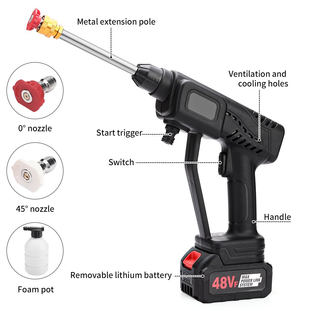 Portable Cordless Electric Car Pressure Washer High Output Power Battery Powered Car Washer Made of Metal and PP