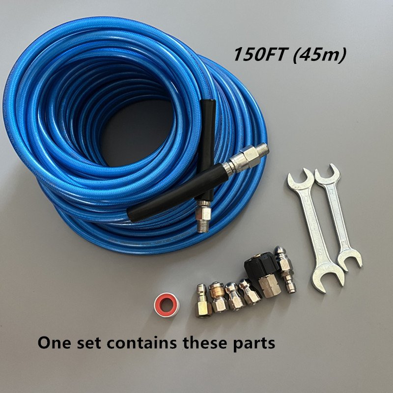 150FT Sewer Jetter Kit for High Pressure Washer Hose 1/4'' NPT Drain Cleaning Hose Button Nose & Rotating Sewer Jetting Nozzle