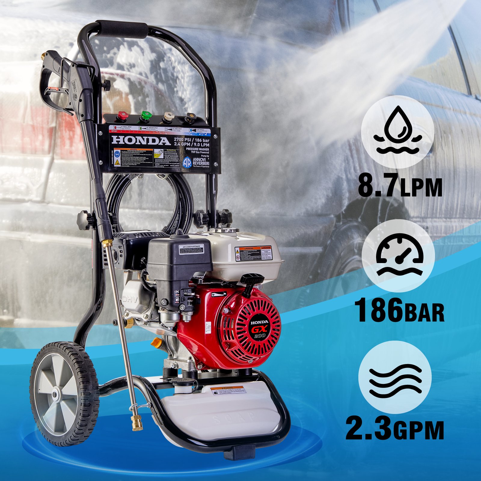 2700psi/186bar Gasoline High Pressure Car Washer H0nda engine With AR Pump Recoil Starter fuel-saving Portable Petrol Cleaner