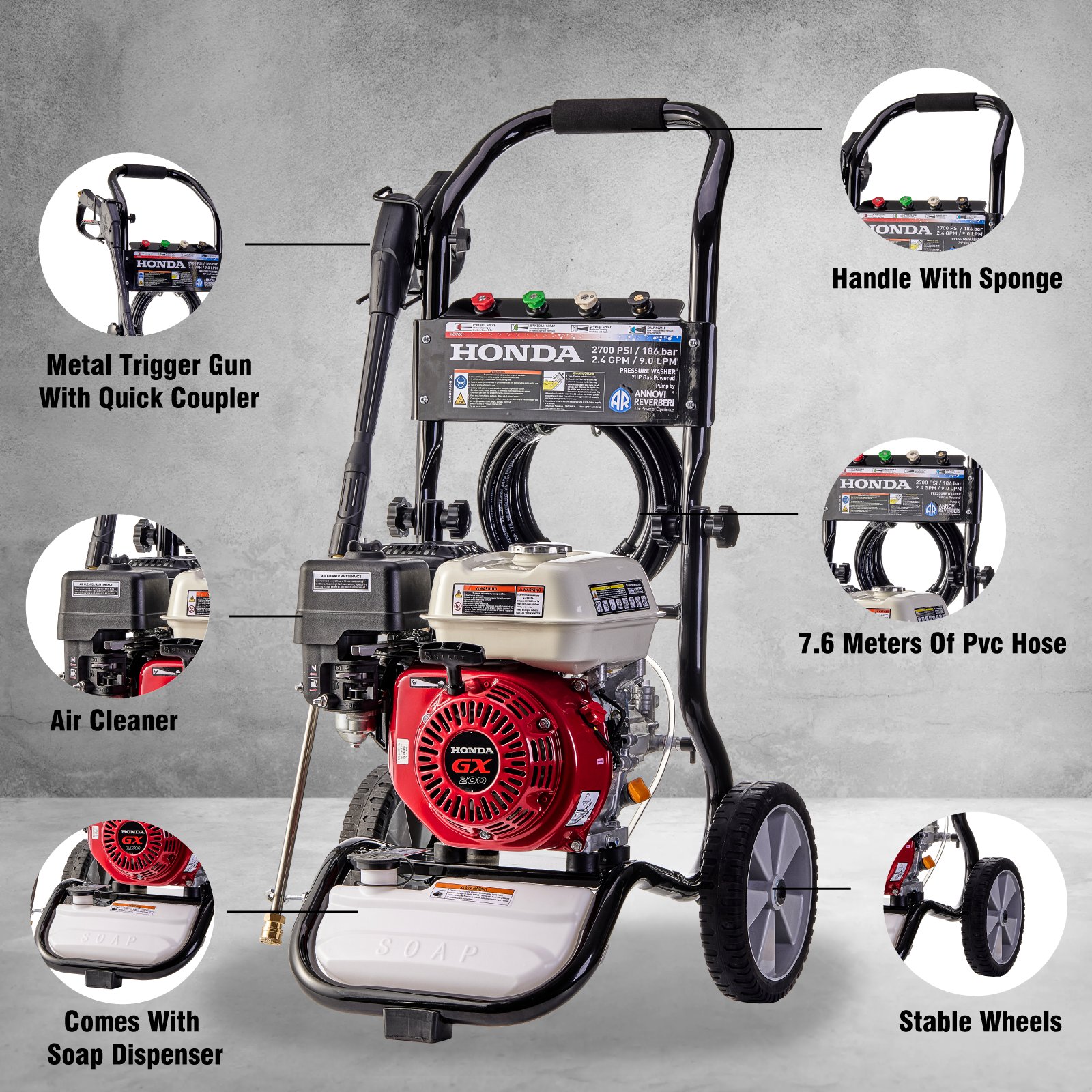 2700psi/186bar Gasoline High Pressure Car Washer H0nda engine With AR Pump Recoil Starter fuel-saving Portable Petrol Cleaner