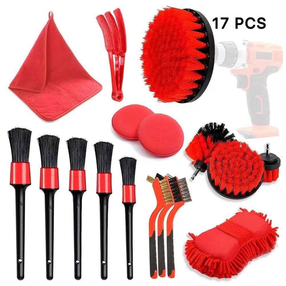 Factory Auto Hot Red 20cs Detailing Brush Drill Clean Brush Set Car Cleaning Tools Kit For Washing Interior Wheel Wholesale