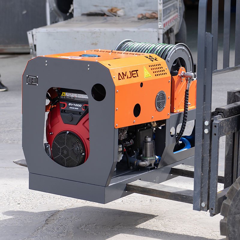 AMJET Efficient 4350psi 10gpm German pump pipe clean machine drain cleaner Trailer sewer Pressure Washers sewer cleaner machine