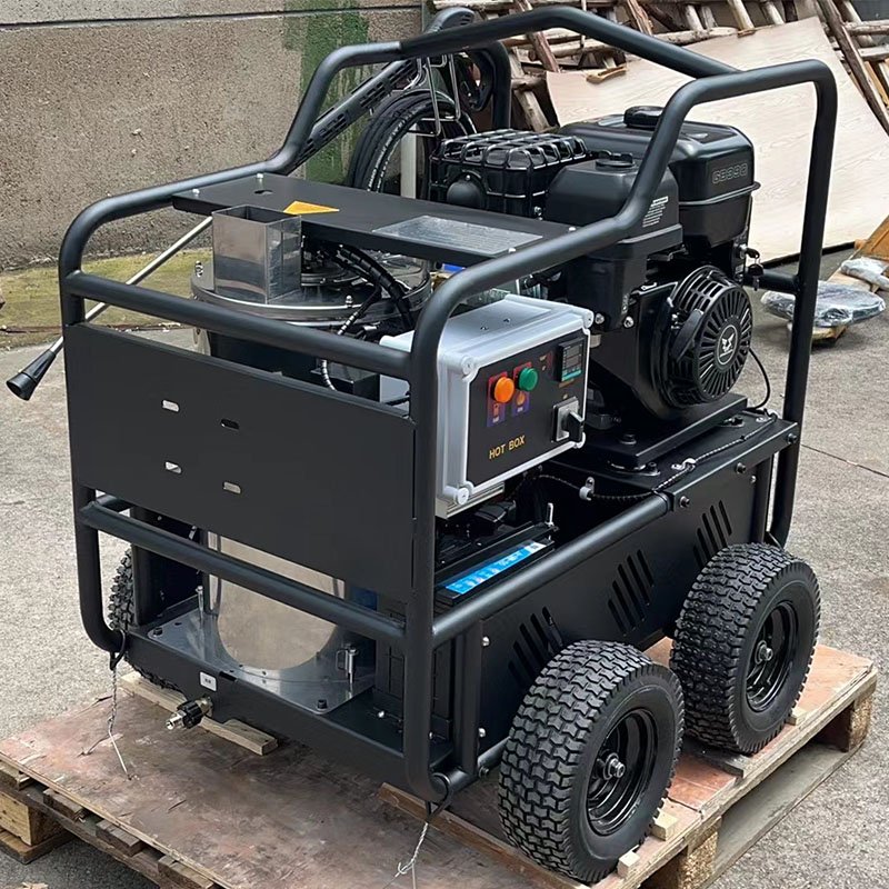 AMJET Essential 250bar 15lpm Cart Mounted Hot Water Sewer Jetter Hot Water Steam Pressure Washer with Power Nozzles Washing Gun