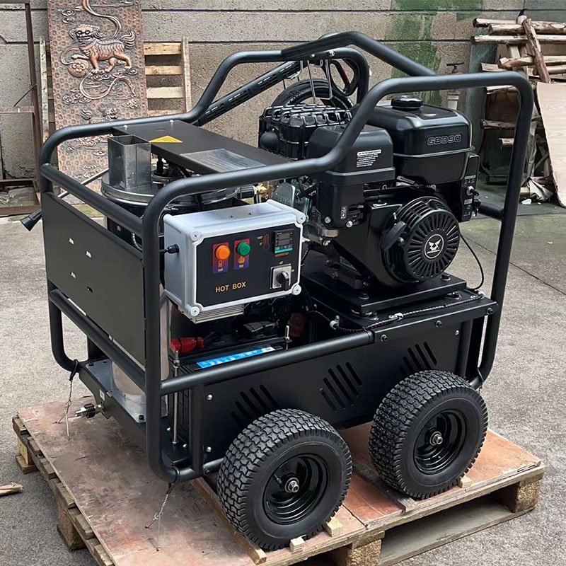 AMJET Essential 250bar 15lpm Cart Mounted Hot Water Sewer Jetter Hot Water Steam Pressure Washer with Power Nozzles Washing Gun