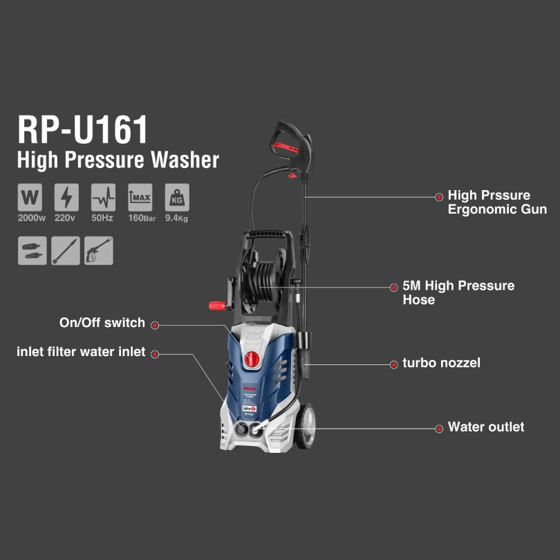 Ronix RP-U161 160BAR 2000w High Pressure Car washer Professional Portable Cleaning Machine with Universal Motor