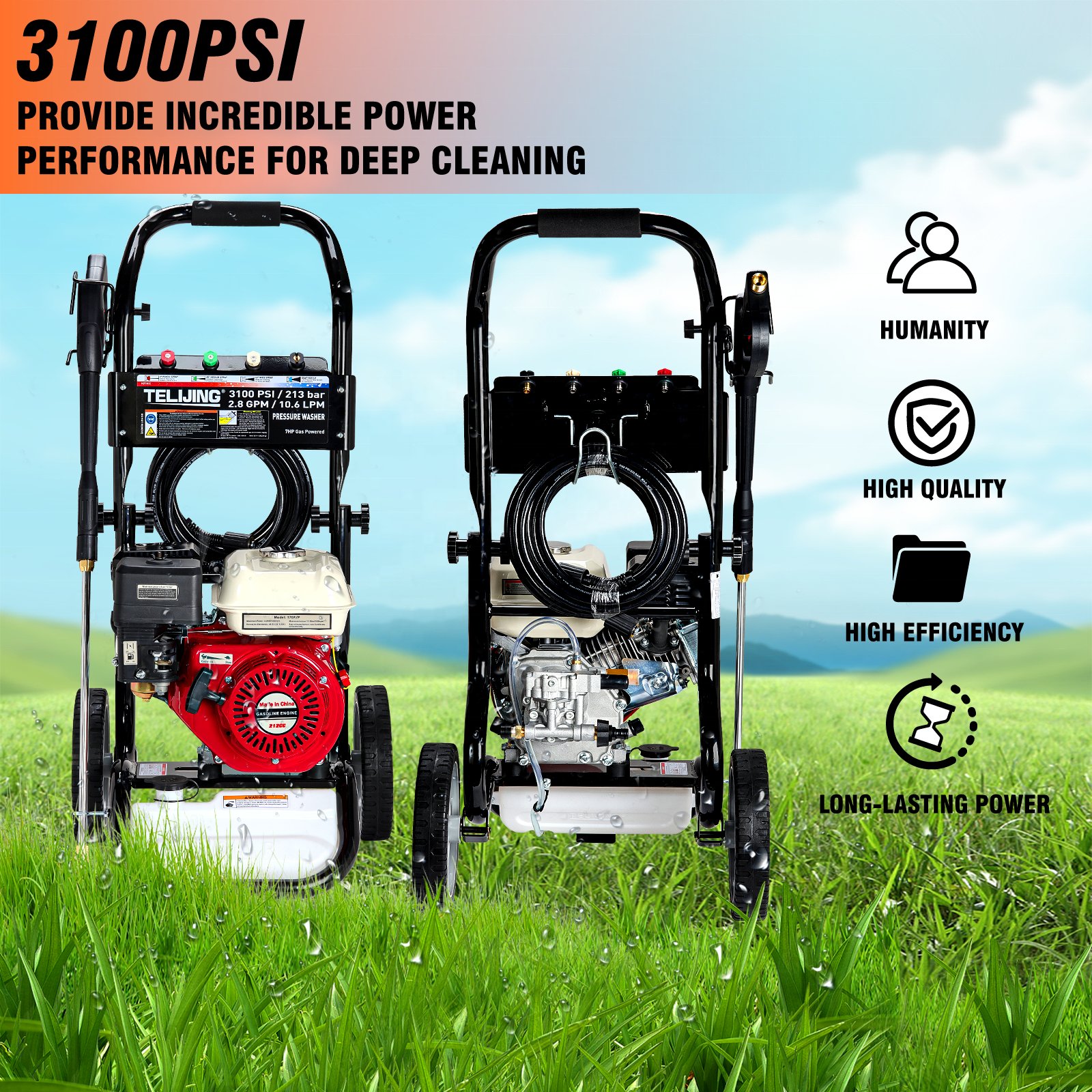 Multifunctional 3100psi/213bar 7Hp Petrol High Pressure Washer Machine 208cc Gasoline Cleaning Equipment for Personal Using