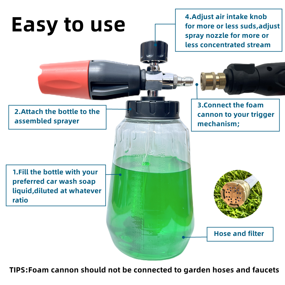 Foam Cannon Transparent Bottle - Snow Foam Lance Kit, High Pressure Car Washer Accessory 1/4 Quick Connect & Adjustable Nozzle