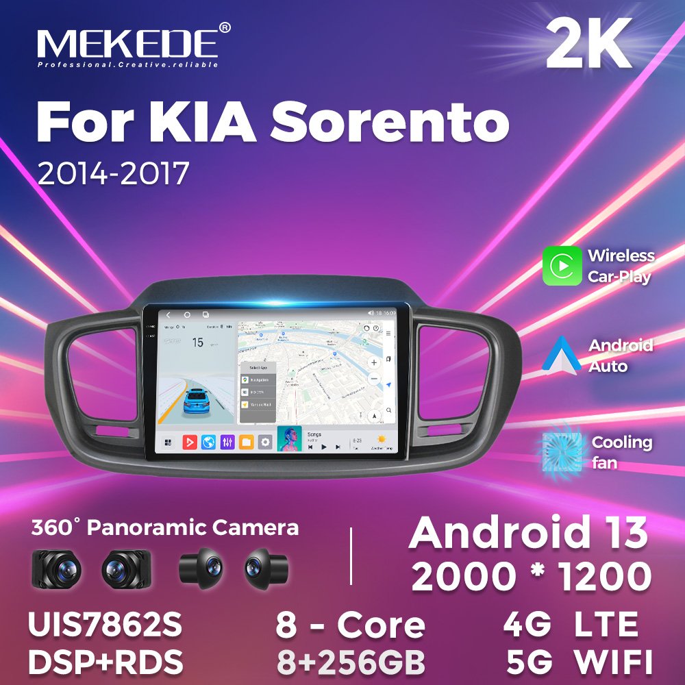 MEKEDE car audio player android 12 IPS screen for KIA Sorento 2014-2017 360 panoramic camera BT GPS 4G WIFI cooling fan