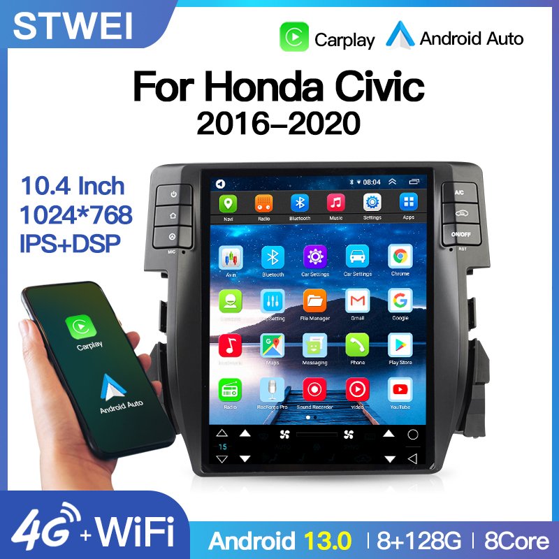 Android 13 For Honda Civic 2016-2021 Car Radio Automotive Multimedia Tesla Screen Carplay Auto Bluetooth GPS Navigation 4G WIFI