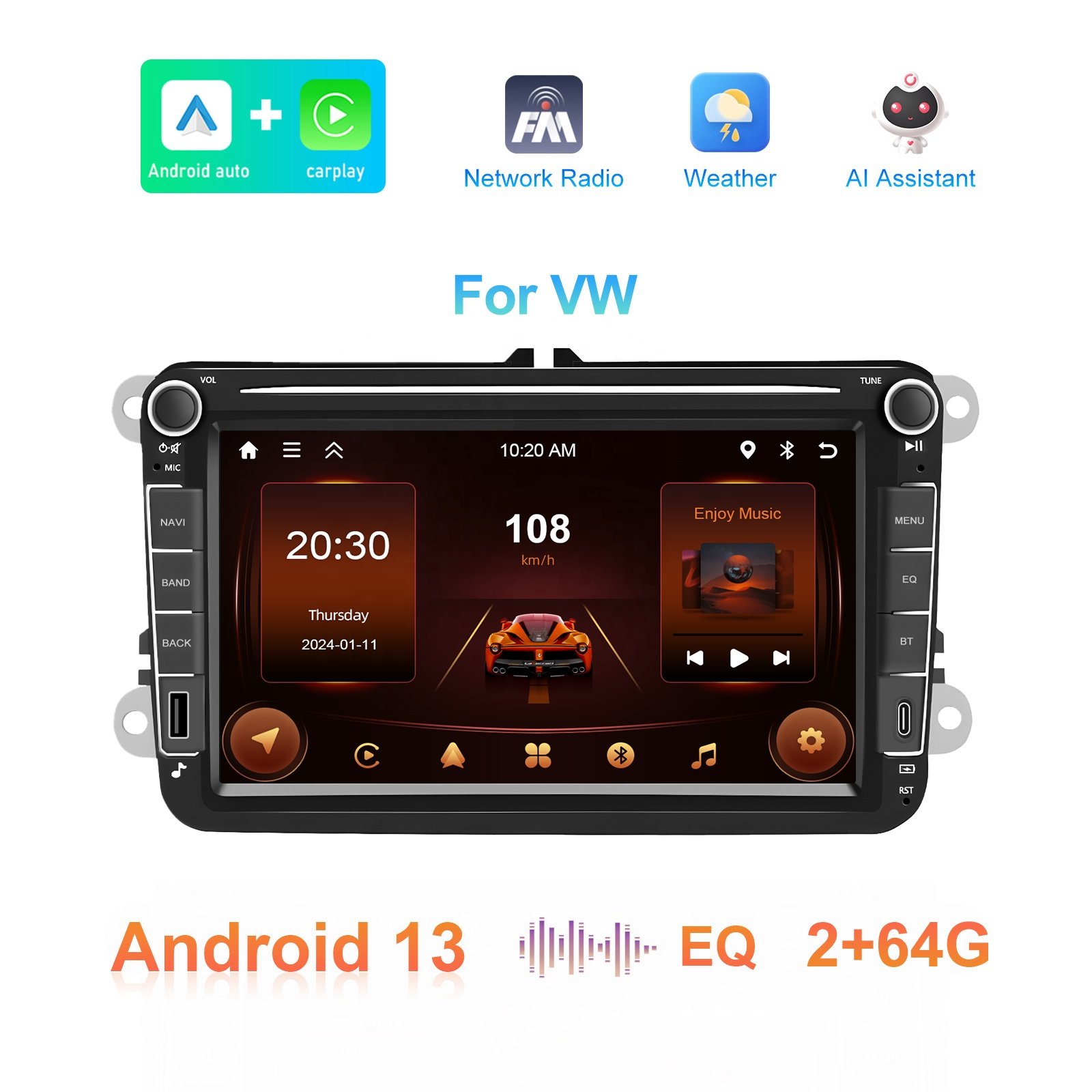 Podofo 8 inch Android Double Din Carplay Android Auto 2+64G GPS WIFI FM RDS EQ Car Stereo Radio For VW/SAGITAR/JATTA/JETTA