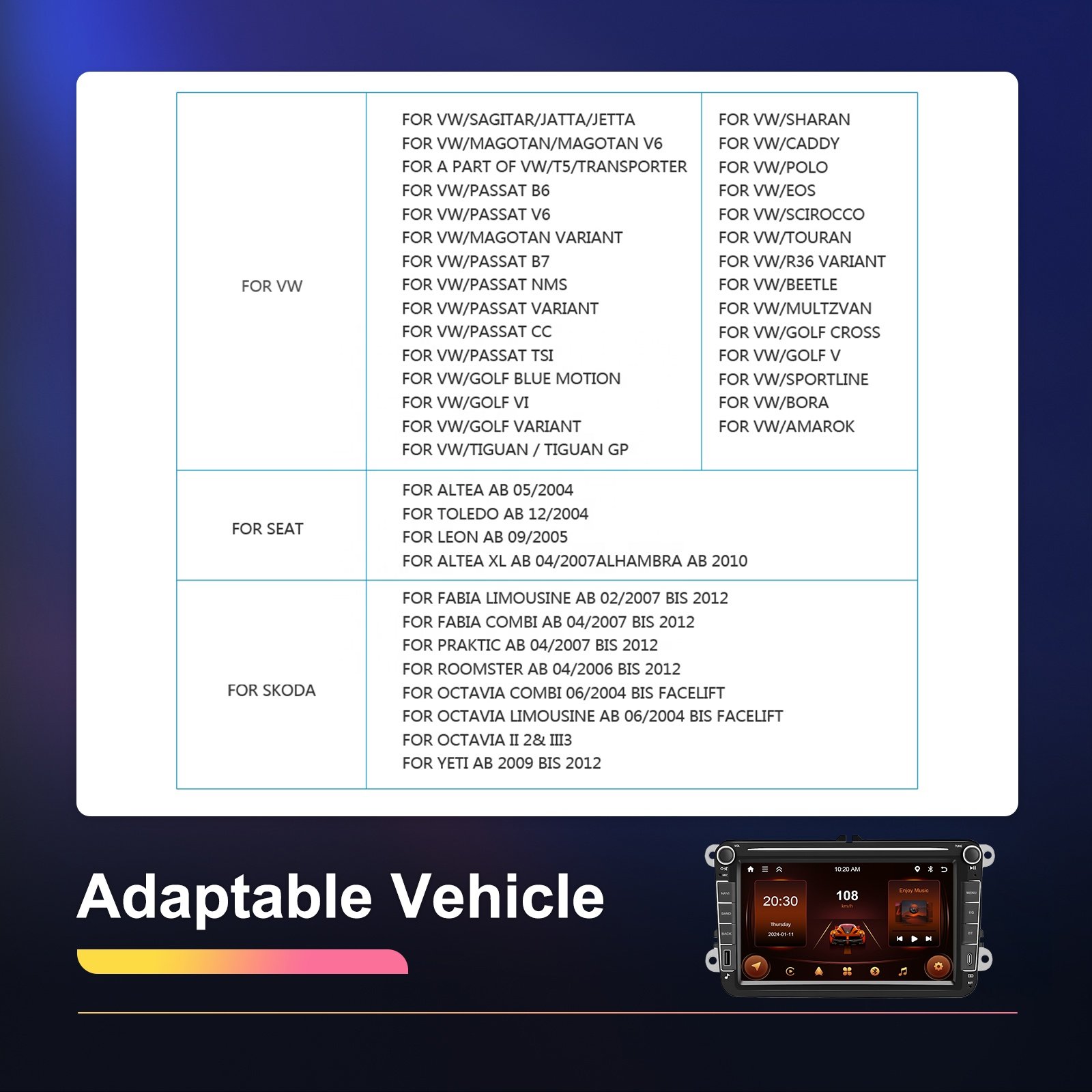 Podofo 8 inch Android Double Din Carplay Android Auto 2+64G GPS WIFI FM RDS EQ Car Stereo Radio For VW/SAGITAR/JATTA/JETTA