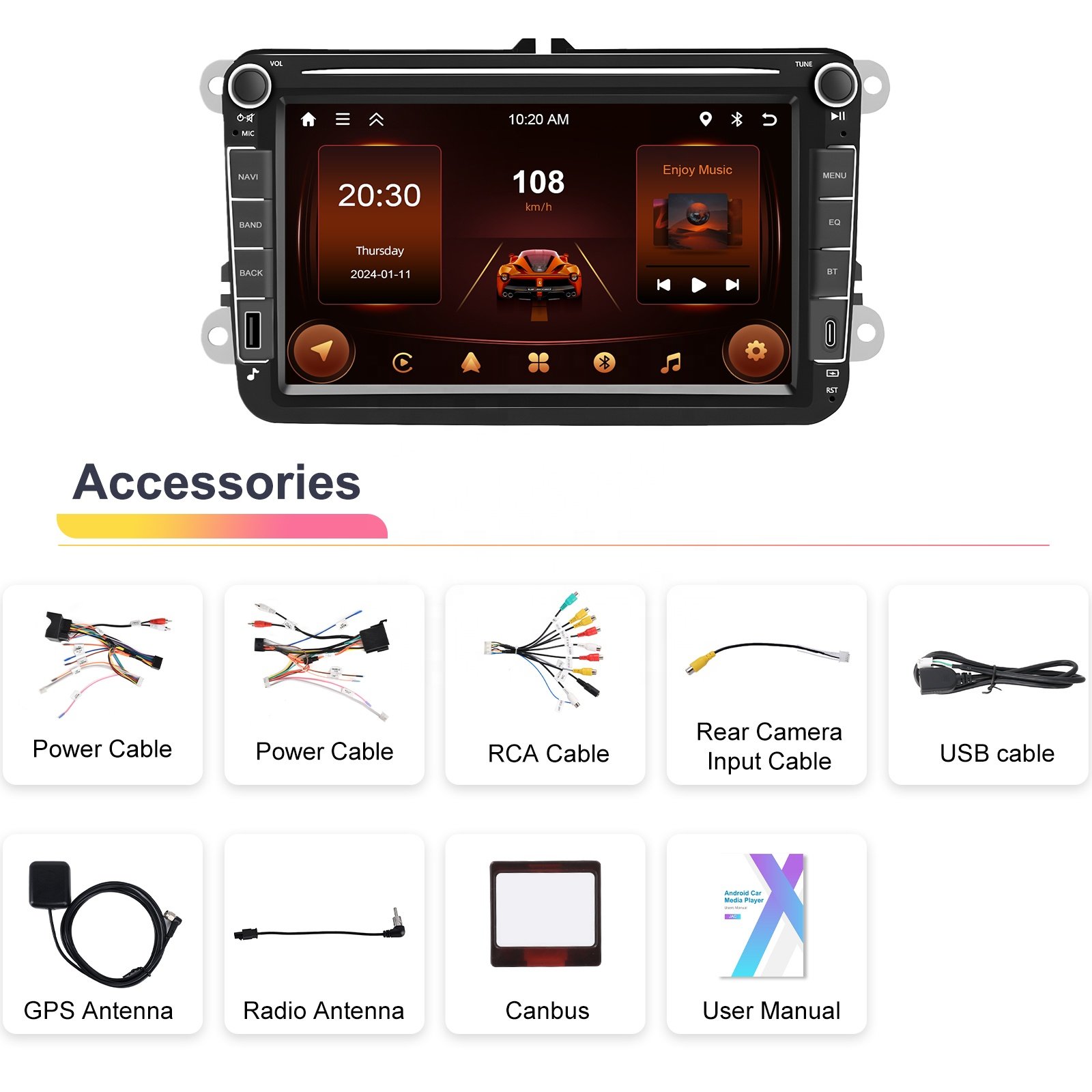 Podofo 8 inch Android Double Din Carplay Android Auto 2+64G GPS WIFI FM RDS EQ Car Stereo Radio For VW/SAGITAR/JATTA/JETTA