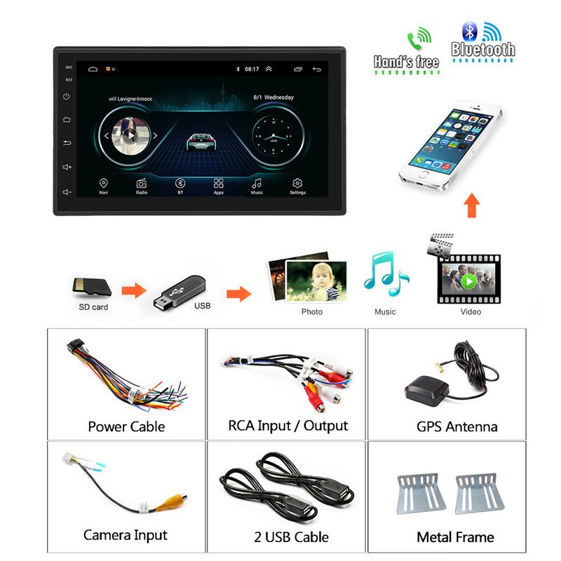 Podofo 2 Din Android Car Stereo Radio Autoradio 7" 2.5D Touch Screen GPS Navigation WIFI BT FM RDS For Toyota/Nissan/Universal