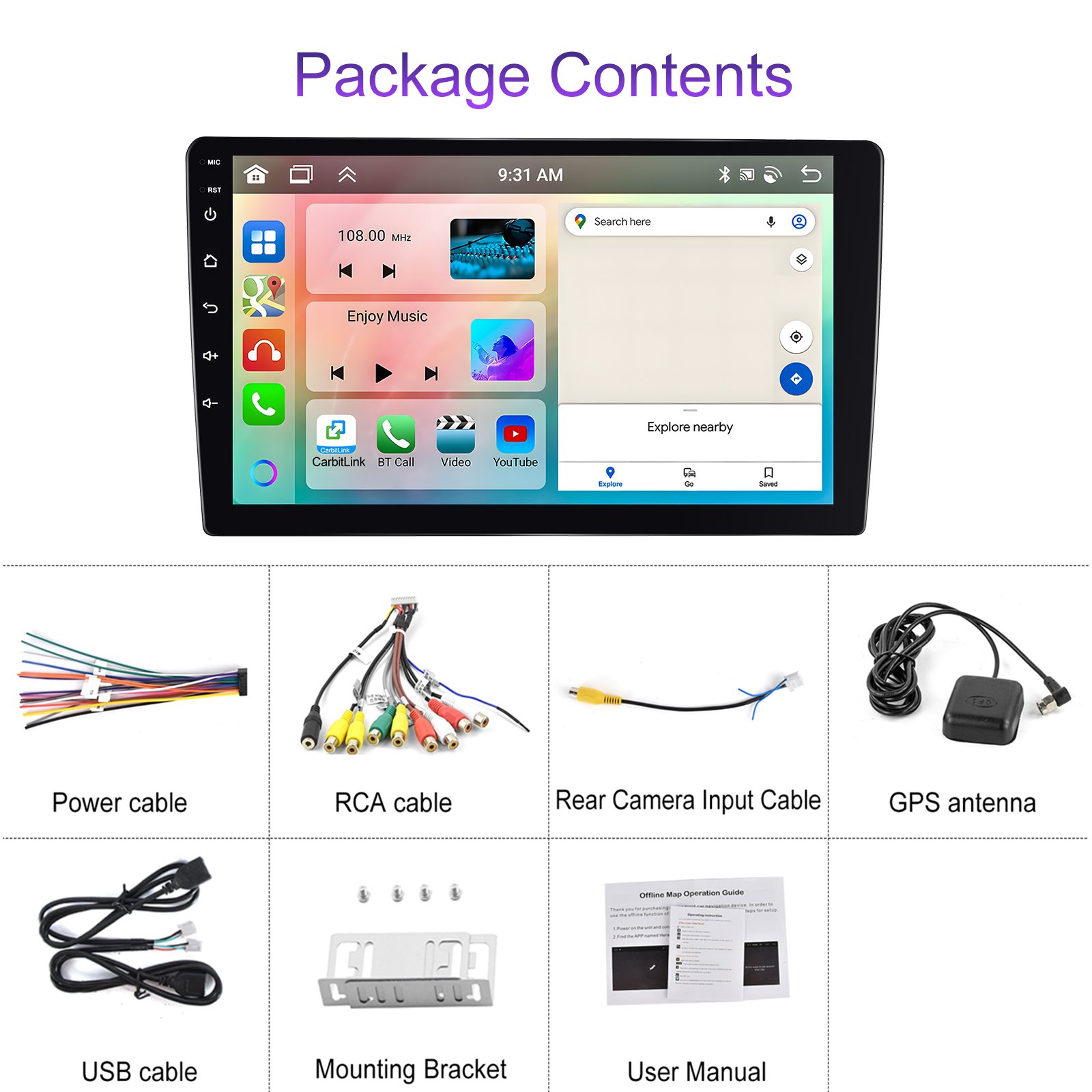 Podofo Android 2+64/4+64G 10.1'' 4+4Core Double Din Car Stereo Wireless Carplay Wifi GPS BT FM RDS IPS Touch Screen Car Radio