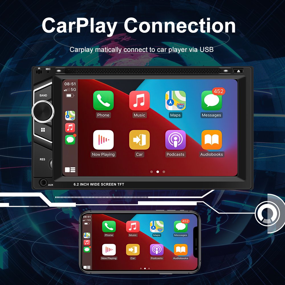 Podofo 6.2'' Double Din MP5 Car DVD Player Carplay Android Auto Car Stereo Radio Autoestereo FM BT HD car stereo +Remote Control