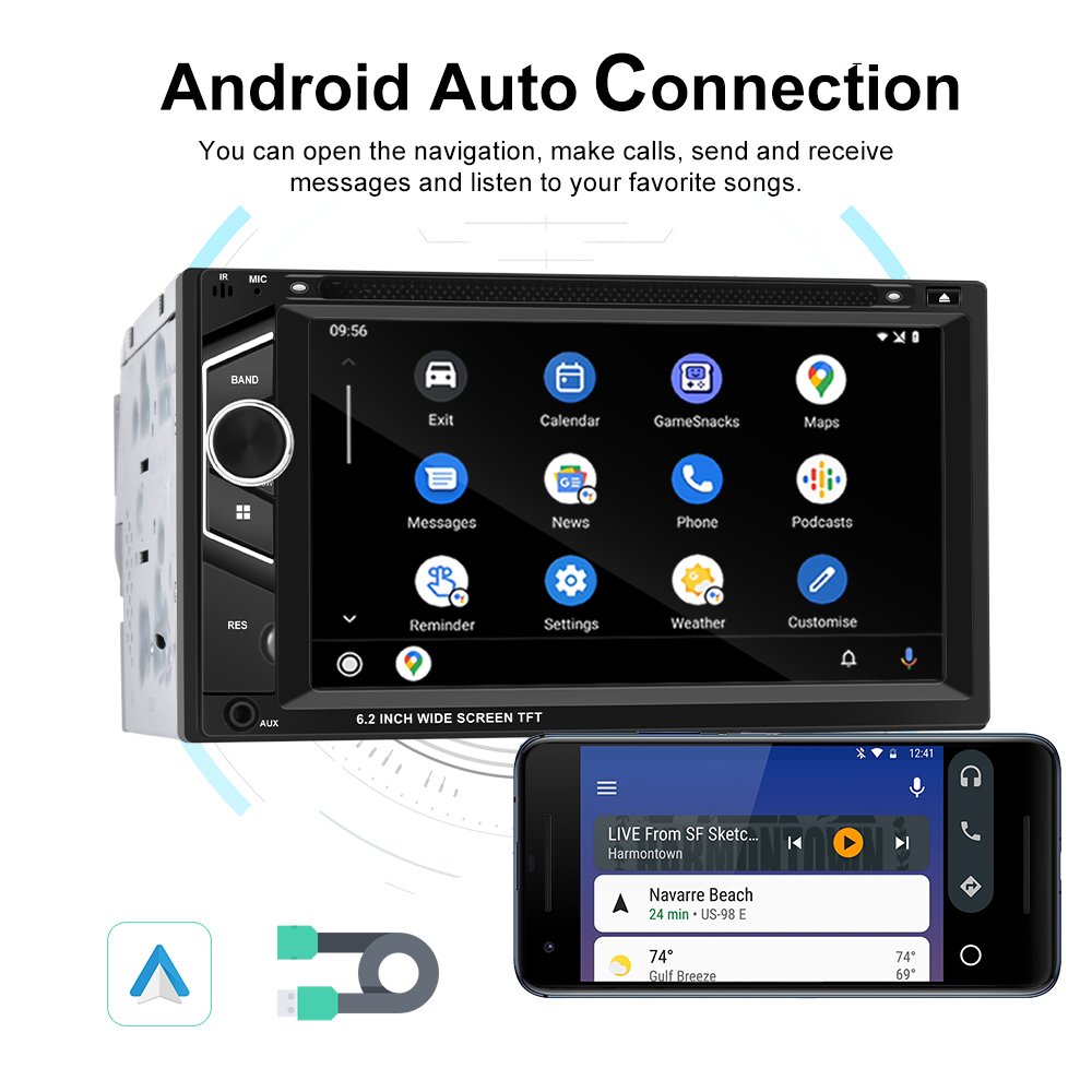 Podofo 6.2'' Double Din MP5 Car DVD Player Carplay Android Auto Car Stereo Radio Autoestereo FM BT HD car stereo +Remote Control