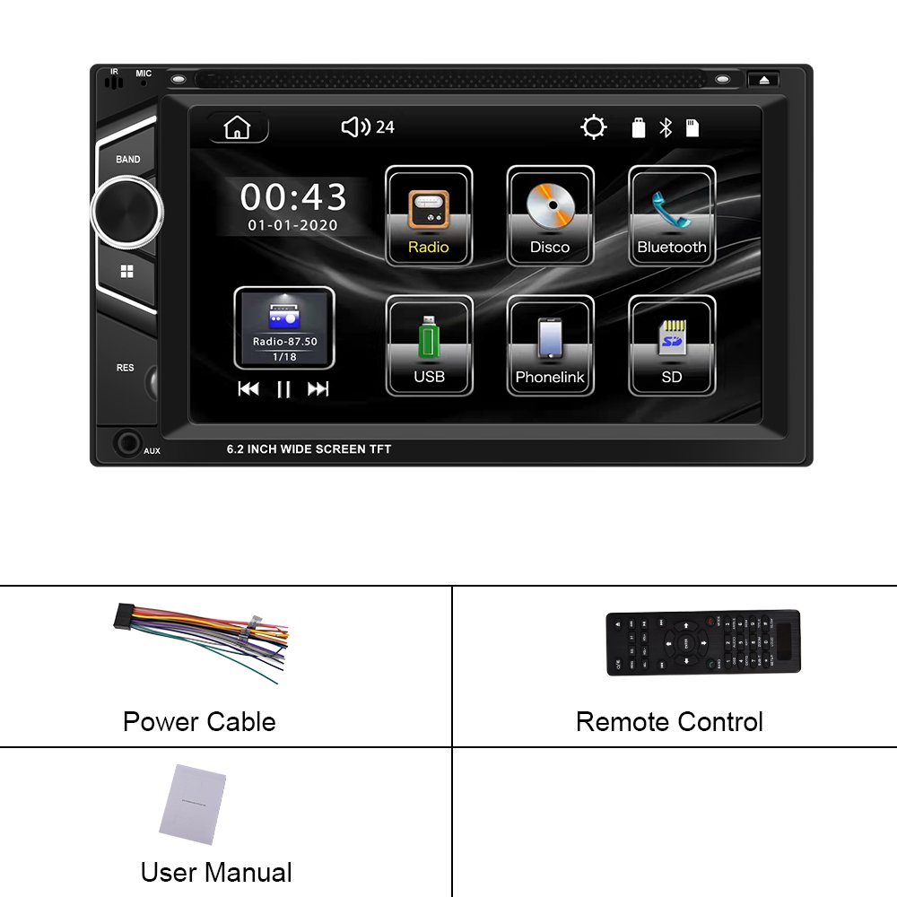 Podofo 6.2'' Double Din MP5 Car DVD Player Carplay Android Auto Car Stereo Radio Autoestereo FM BT HD car stereo +Remote Control