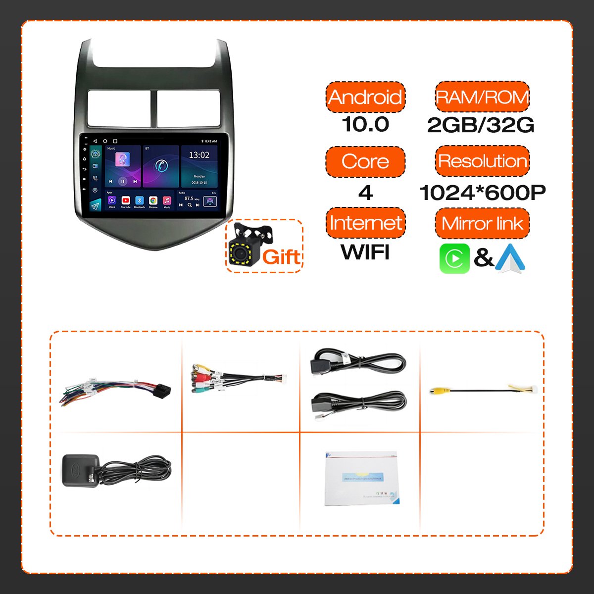 Android 10 Car Radio 2G+32G android Auto GPS WIFI Screen Multimedia Carplay For Chevrolet Sonic 2011-2016 2 Din 1024*600 P