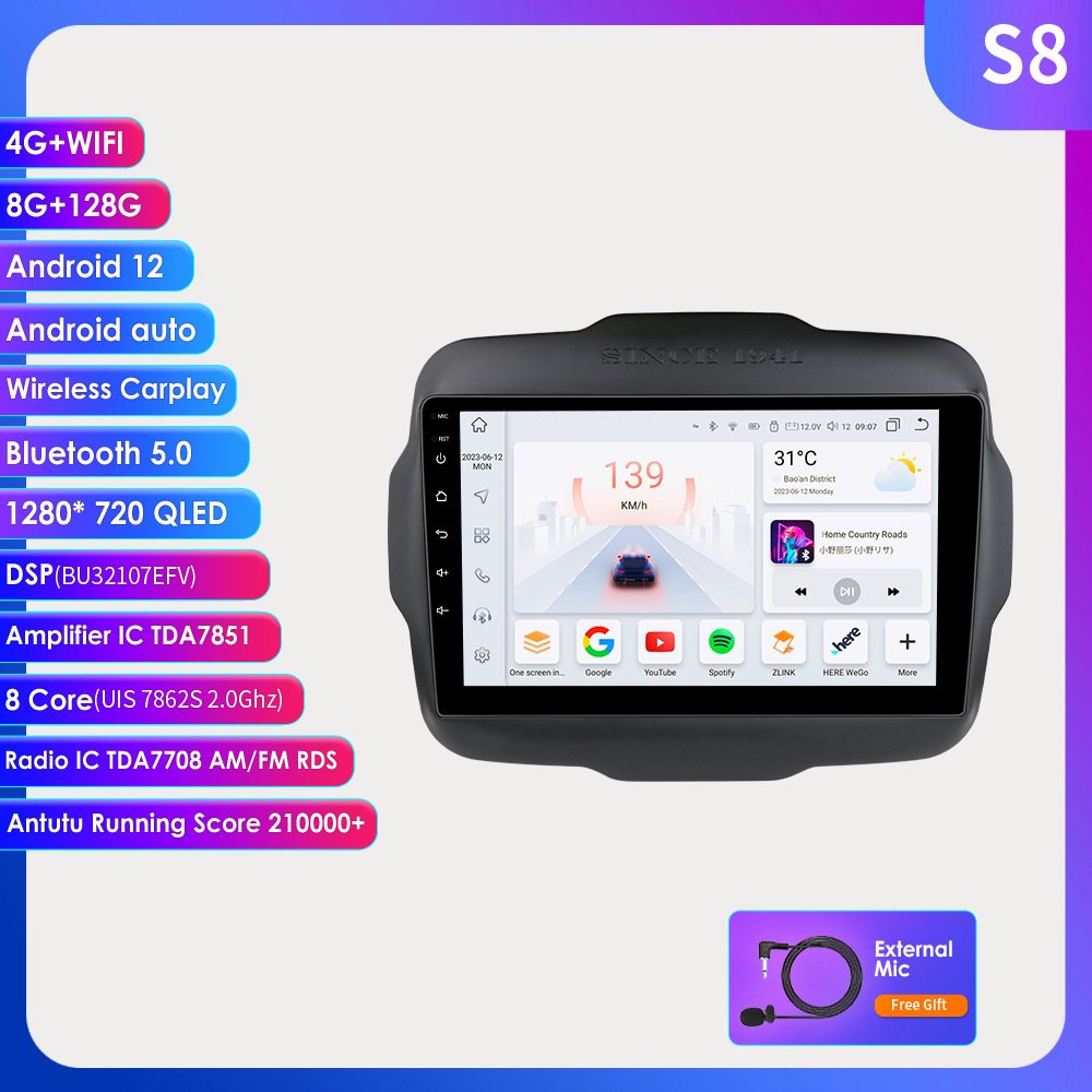 9 Inch Wifi+4G OLED Android 12 car dvd Player for Jeep Renegade 2016 2020 with radio CarPlay Android Auto car stereo with GPS
