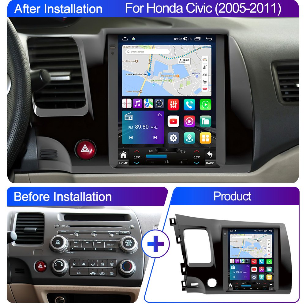 LEHX 8 Core For Tesla Style Android 12 Auto Carplay 4G For Honda Civic 2005 2006-2011 Car Radio Multimedia Player GPS Navigation