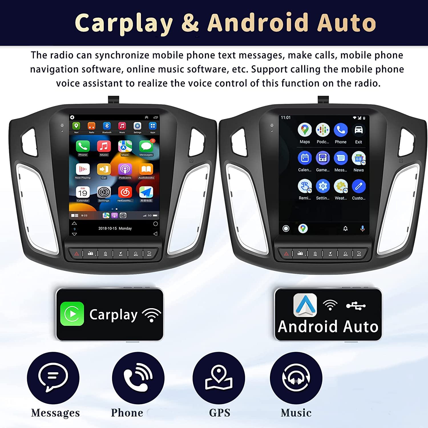 Podofo 9.7" Car Stereo For Ford Focus 2012-2018 Car Radio Carplay Android Auto GPS Wifi FM RDS BT Hifi CANBUS MIC AHD Camera