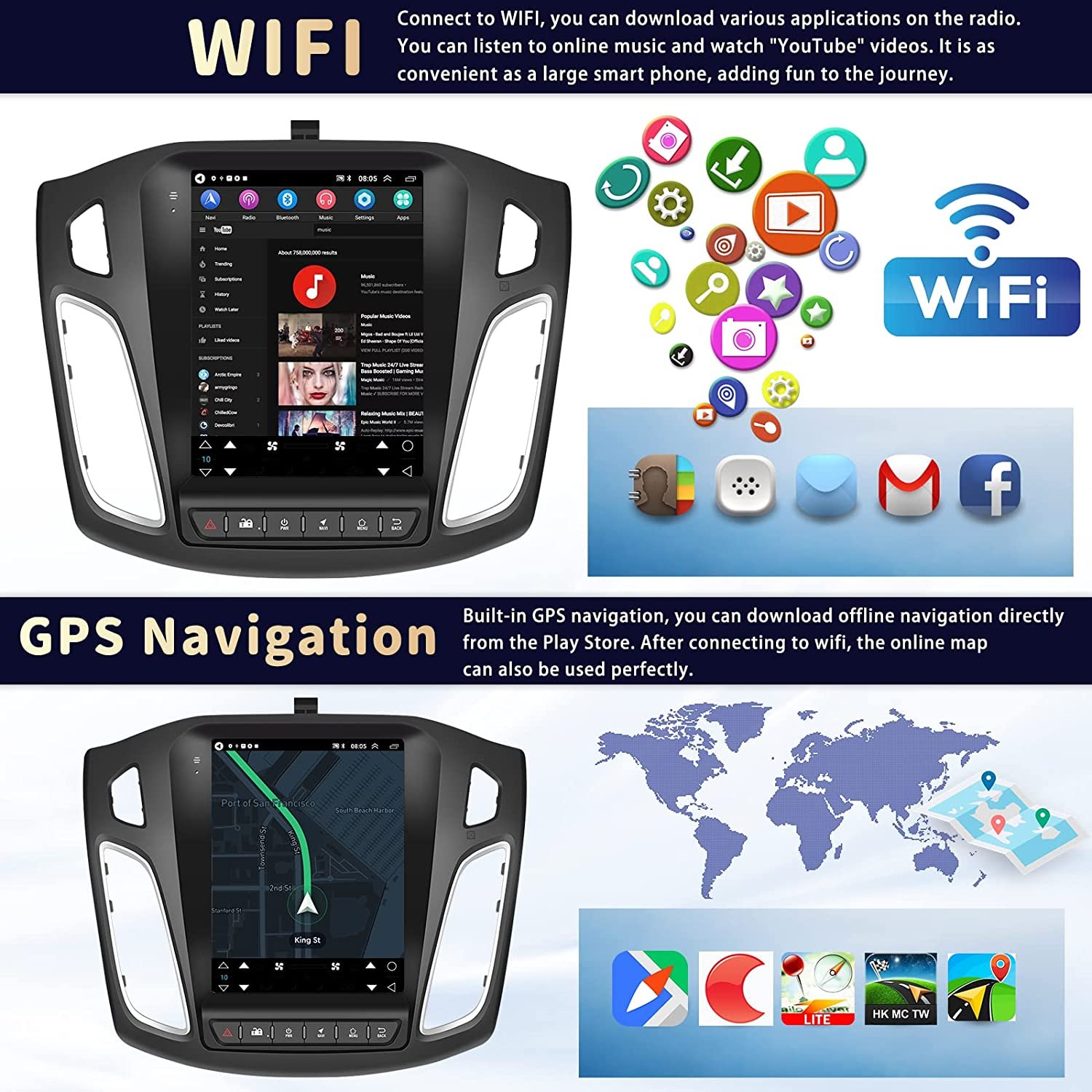 Podofo 9.7" Car Stereo For Ford Focus 2012-2018 Car Radio Carplay Android Auto GPS Wifi FM RDS BT Hifi CANBUS MIC AHD Camera