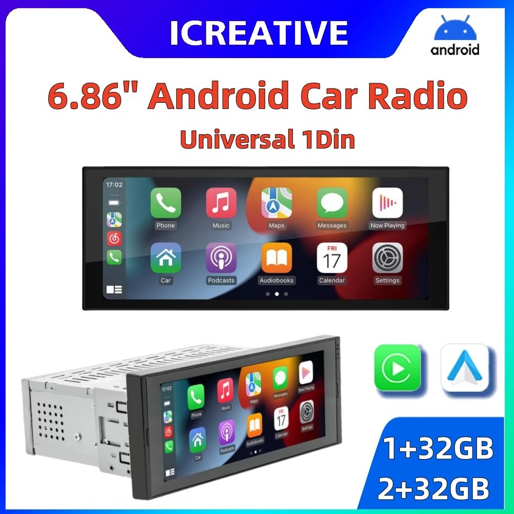 Car Radio Android Universal 1Din 6.86 Inch Touch Screen Wireless Carplay Smart Multimedia Player Autoaudio Stereo Navigation GPS