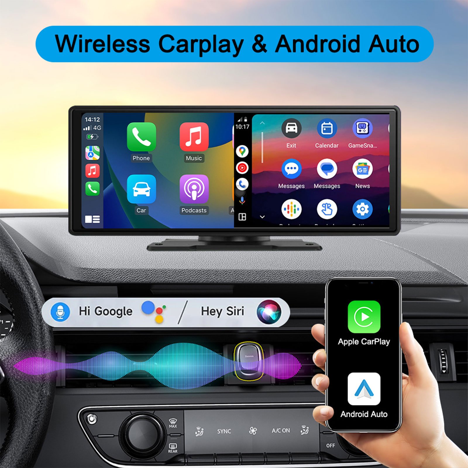 wireless Portable 10.26 HD navigation Touch screen Car Stereo Dual Lens DashCam DVR for Android Auto Carplay Screen