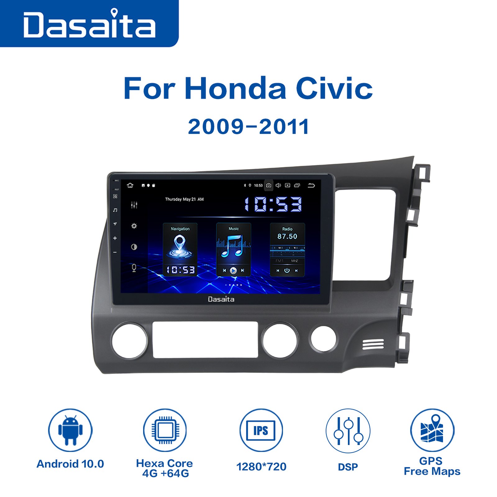Dasaita 10.2 inch for Honda Civic 2009 2010 2011 Car Radio Backup Camera 1280*720 BT Android auto GPS Car DVD Player
