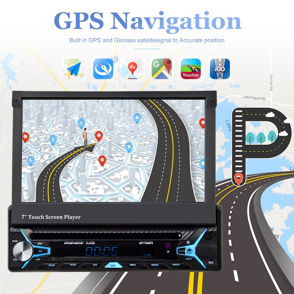 Podofo 1 Din Android Car Radio Stereo Car Player 7" Car DVD Player Motorized Retractable Touch Screen Android Auto GPS BT FM RDS