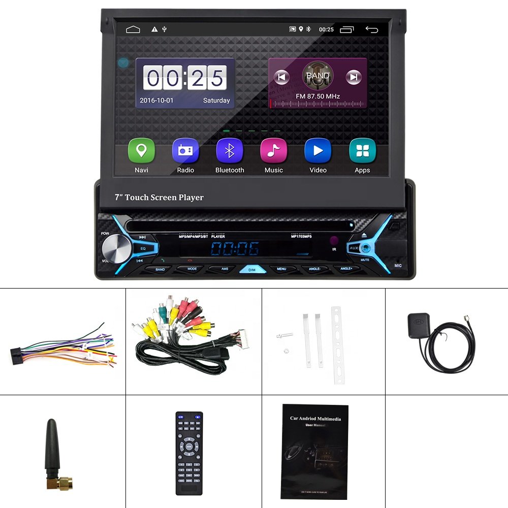 Podofo 1 Din Android Car Radio Stereo Car Player 7" Car DVD Player Motorized Retractable Touch Screen Android Auto GPS BT FM RDS