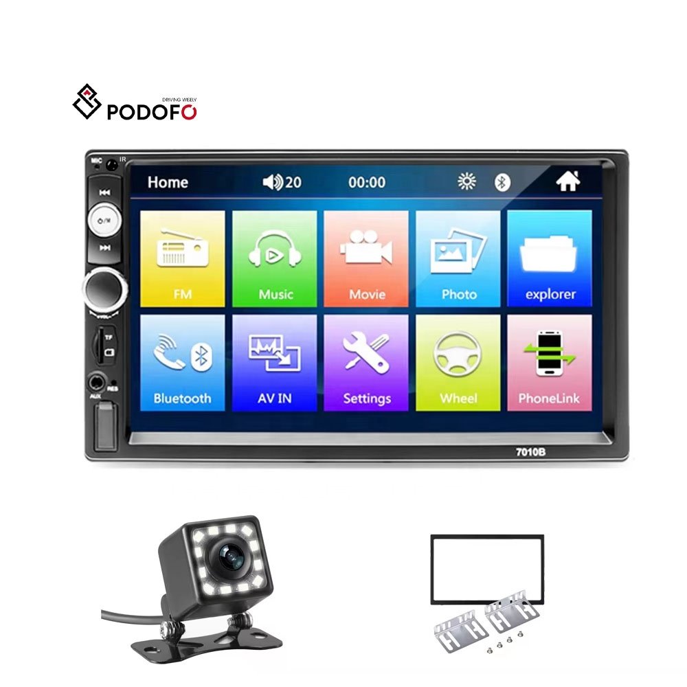 Podofo Car Radio 2 Din Autoradio 7" HD Touch Screen BT FM Car MP5 Player 7010B + 12LED Camera & Frame & Metal Mount