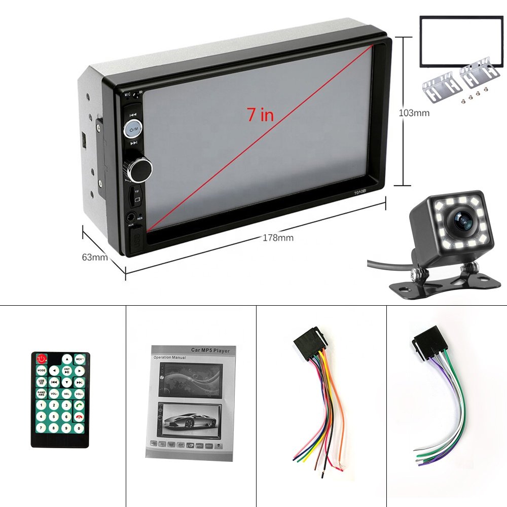 Podofo Car Radio 2 Din Autoradio 7" HD Touch Screen BT FM Car MP5 Player 7010B + 12LED Camera & Frame & Metal Mount