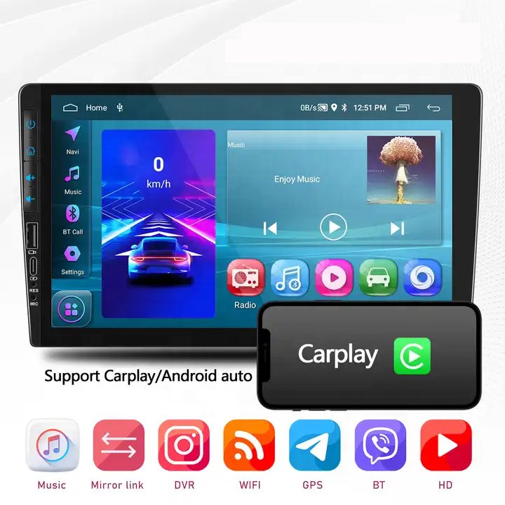 Podofo 1 Din 9'' Car Radio Android 2+64GB Wireless Carplay Android Auto GPS Wifi FM RDS Hi-Fi Support AHD Camera Auto Electronic