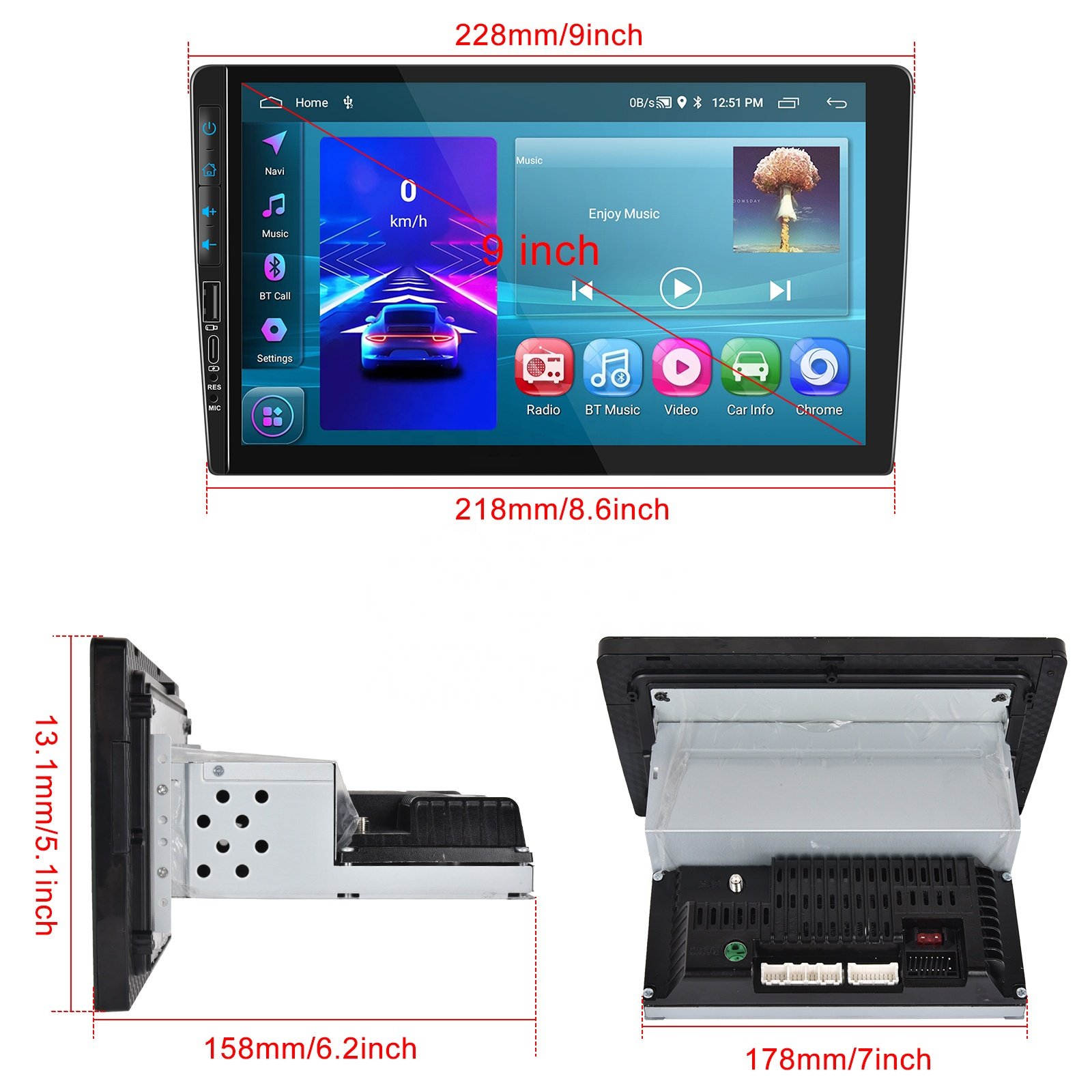 Podofo 1 Din 9'' Car Radio Android 2+64GB Wireless Carplay Android Auto GPS Wifi FM RDS Hi-Fi Support AHD Camera Auto Electronic