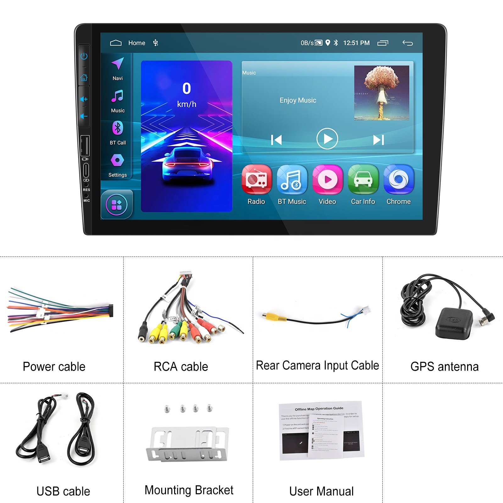 Podofo 1 Din 9'' Car Radio Android 2+64GB Wireless Carplay Android Auto GPS Wifi FM RDS Hi-Fi Support AHD Camera Auto Electronic