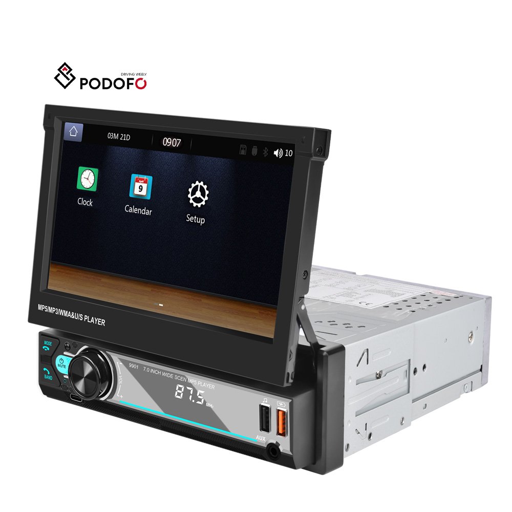 Podofo Single Din 7'' Car MP5 Player Wireless Carplay Android Auto Retractable Touch Screen Auto Electronics USB BT FM MIC