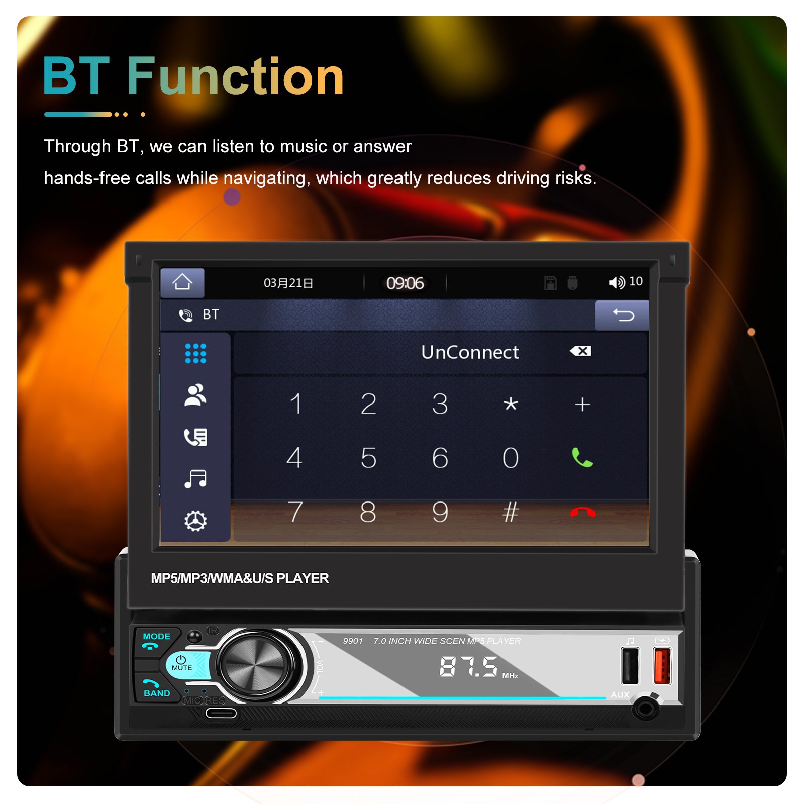 Podofo Single Din 7'' Car MP5 Player Wireless Carplay Android Auto Retractable Touch Screen Auto Electronics USB BT FM MIC