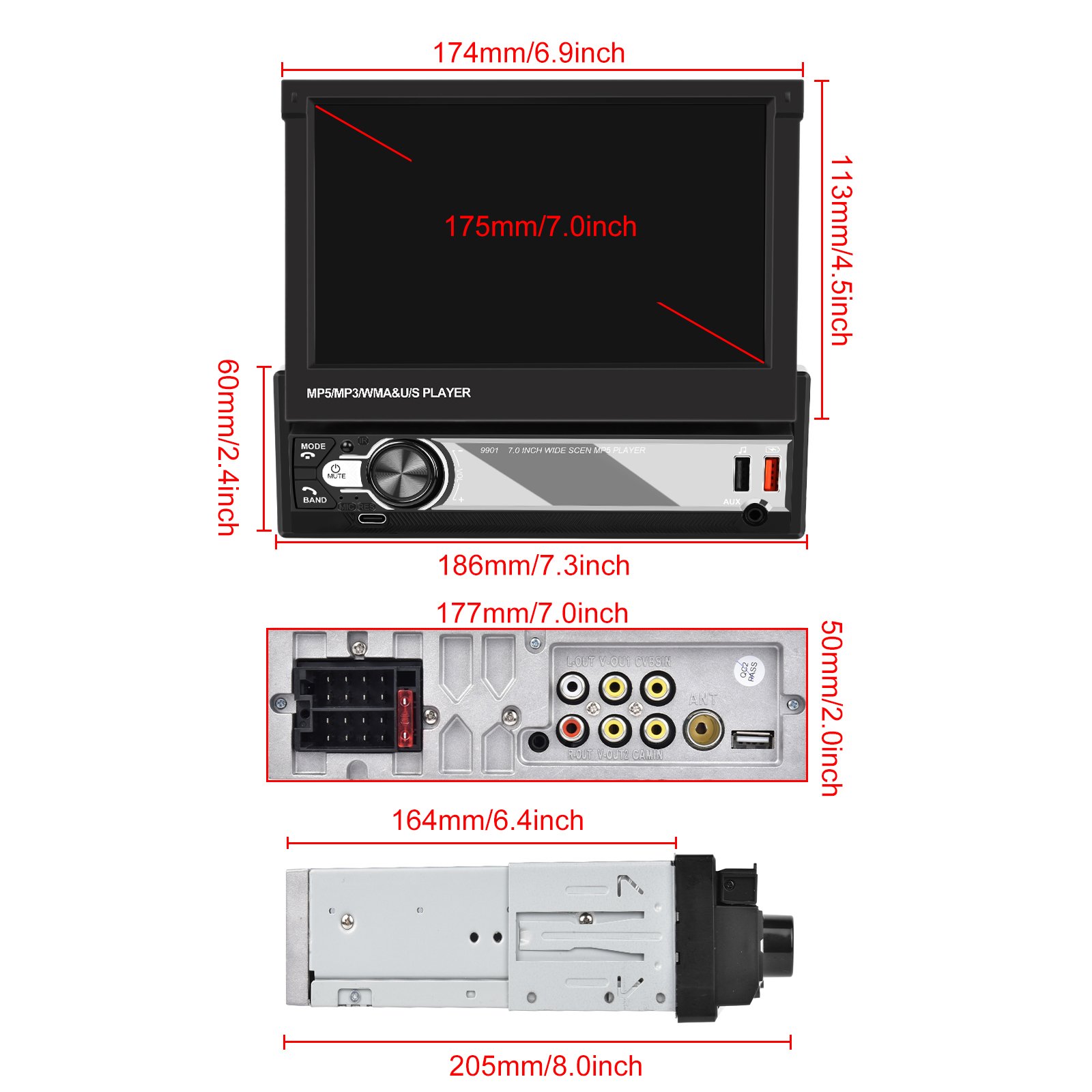Podofo Single Din 7'' Car MP5 Player Wireless Carplay Android Auto Retractable Touch Screen Auto Electronics USB BT FM MIC