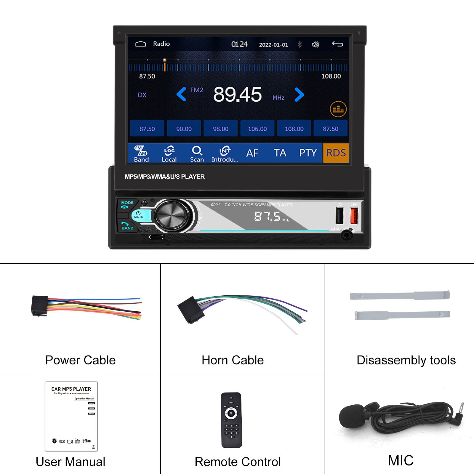 Podofo Single Din 7'' Car MP5 Player Wireless Carplay Android Auto Retractable Touch Screen Auto Electronics USB BT FM MIC