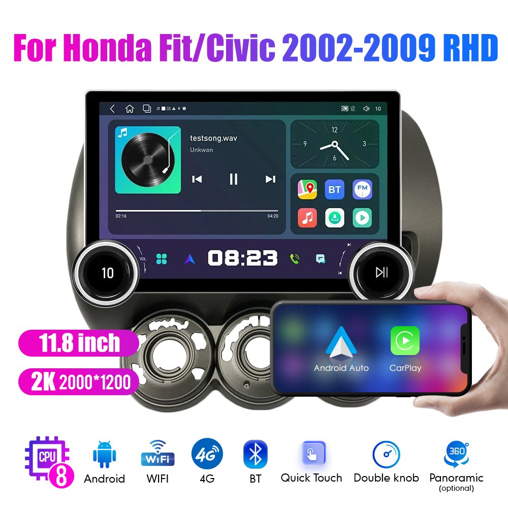11.8" Diamond Dual Knobs 2K QLED Screen 2 Din Android Car Radio For Honda Fit/Civic 2002 -2009 RHD Stereo Android Auto Carplay