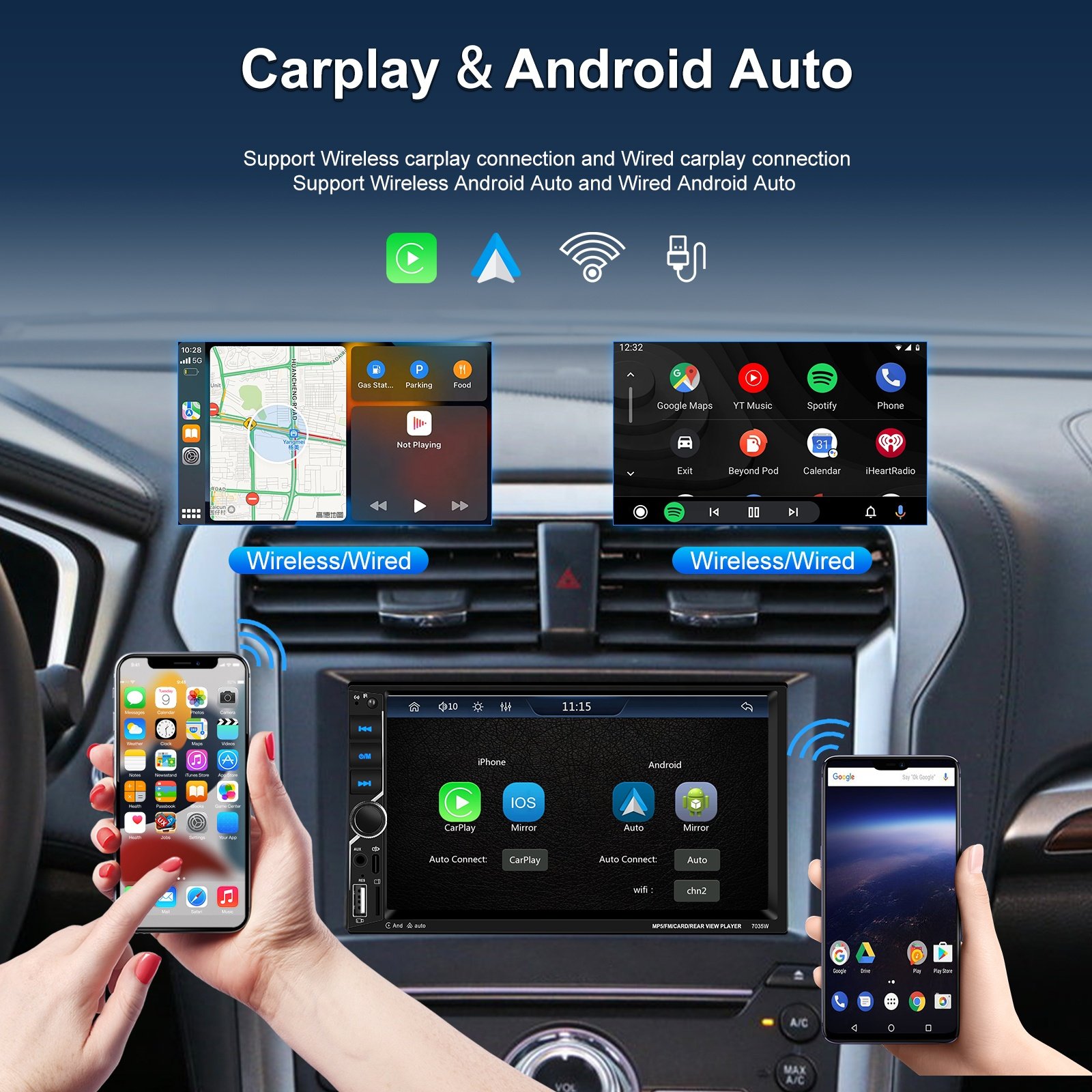Podofo 7'' Double Din Car Stereo with Wireless Carplay Android Auto Touch screen Car Radio Car MP5 Player BT FM AUX USB EQ MIC