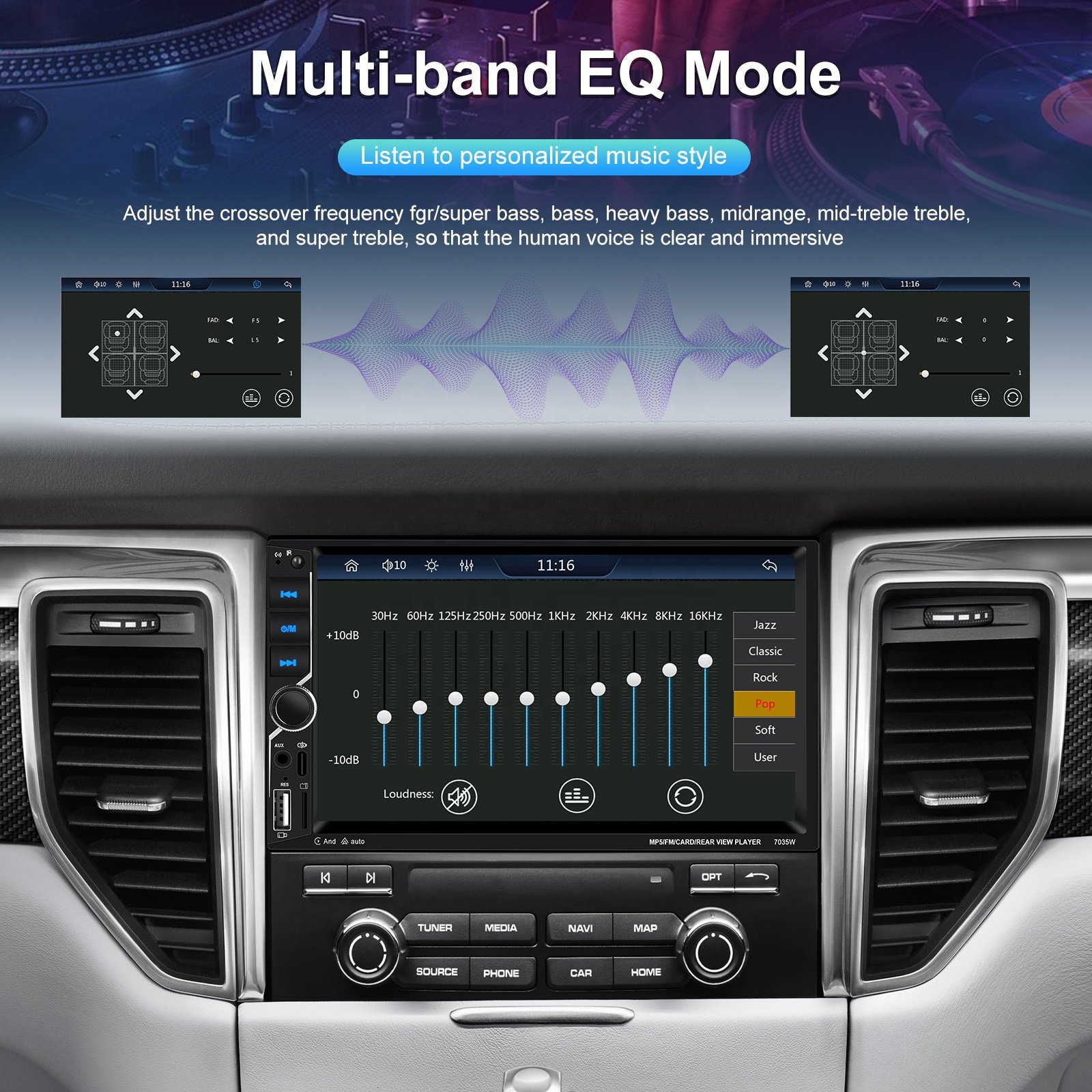 Podofo 7'' Double Din Car Stereo with Wireless Carplay Android Auto Touch screen Car Radio Car MP5 Player BT FM AUX USB EQ MIC