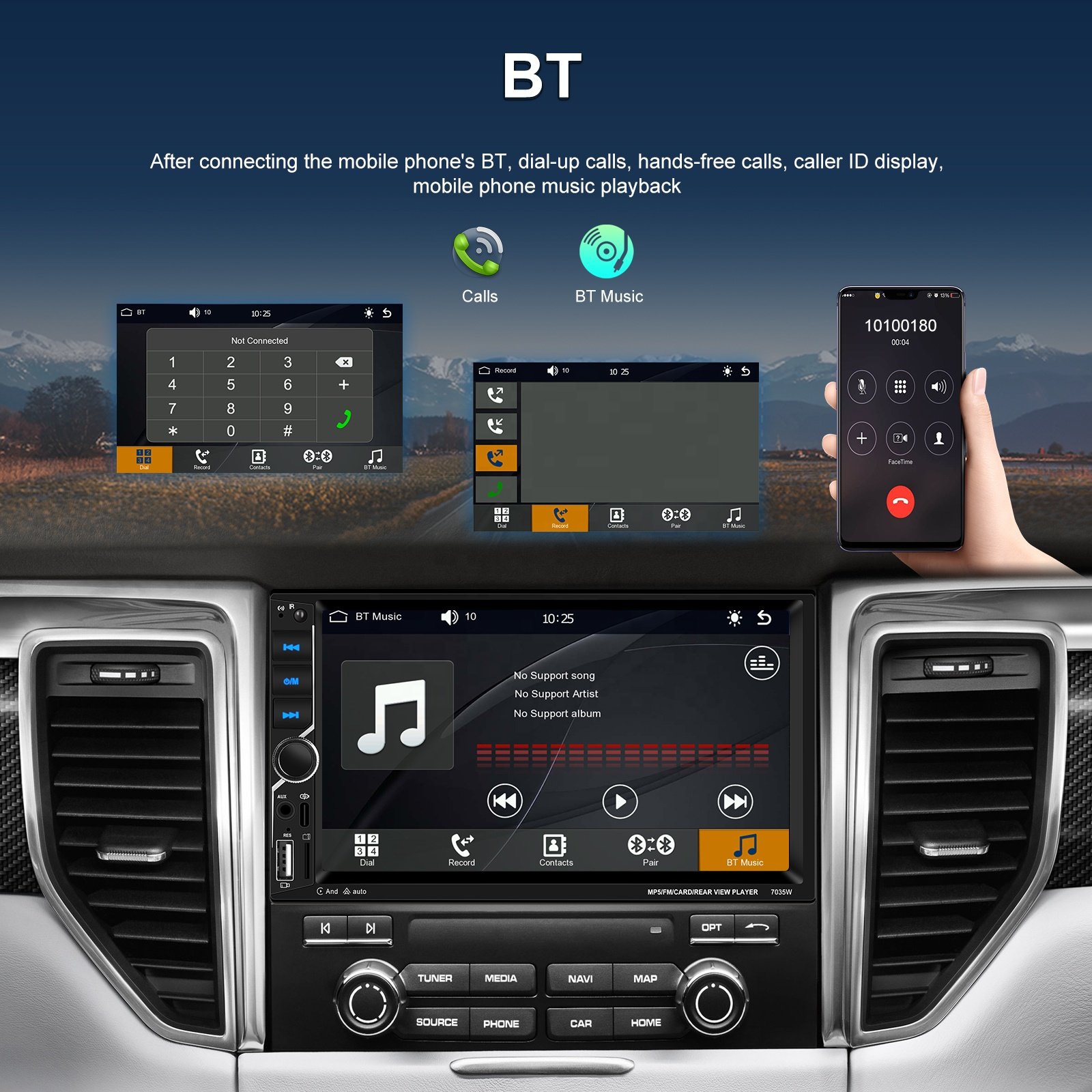 Podofo 7'' Double Din Car Stereo with Wireless Carplay Android Auto Touch screen Car Radio Car MP5 Player BT FM AUX USB EQ MIC