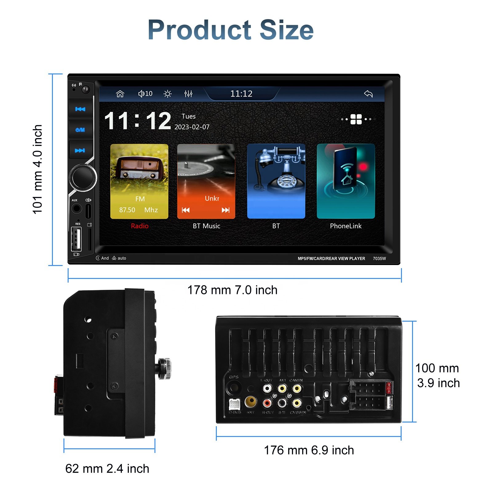 Podofo 7'' Double Din Car Stereo with Wireless Carplay Android Auto Touch screen Car Radio Car MP5 Player BT FM AUX USB EQ MIC